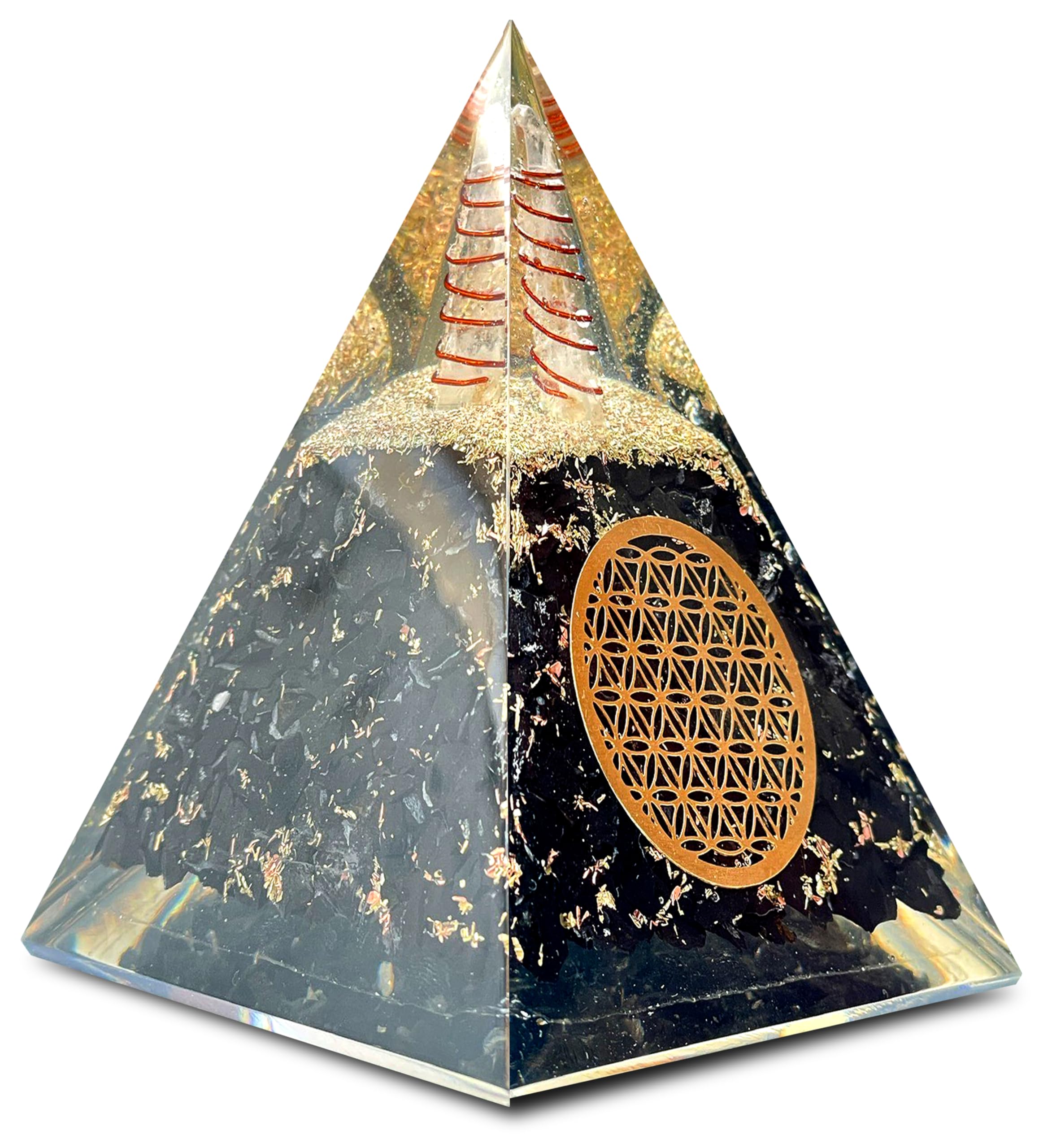 Bombay Crystals Export Orgone Black Tourmaline Pyramid front view for grounding energy.