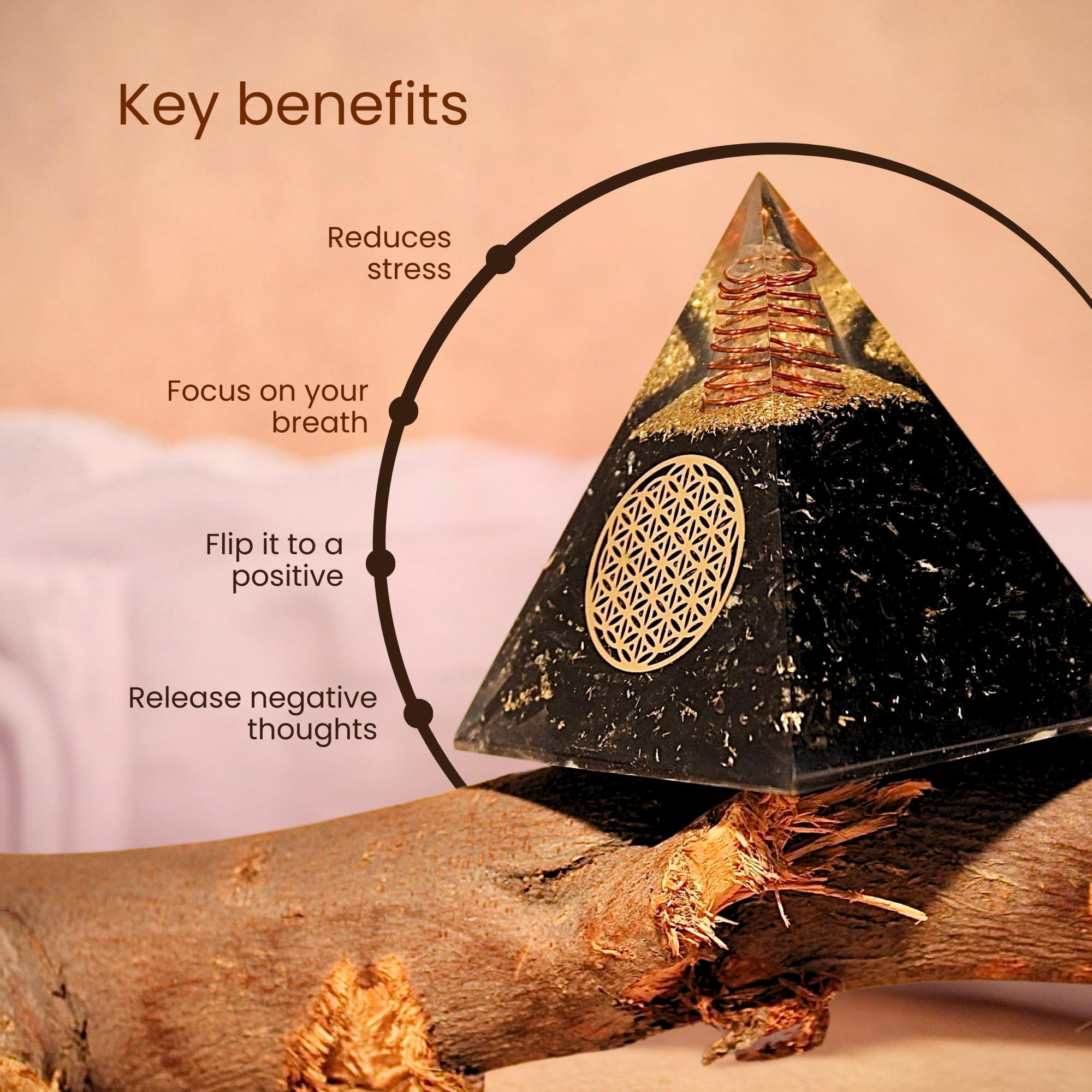 Bombay Crystals Export Orgone Black Tourmaline Pyramid side-angle showcases elegant energy for focus.