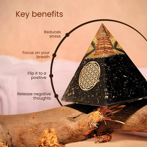 Bombay Crystals Export Orgone Black Tourmaline Pyramid side-angle showcases elegant energy for focus.