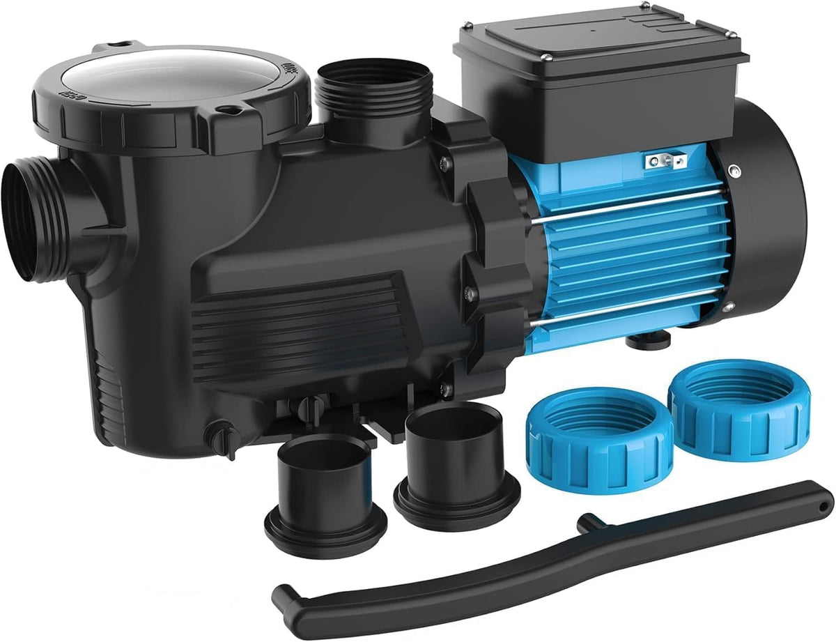 BOMGIE pool pump top view showing compact design and high flow capability