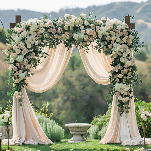 Bonastella wedding arch with flowers and lights enhances romantic ambiance.