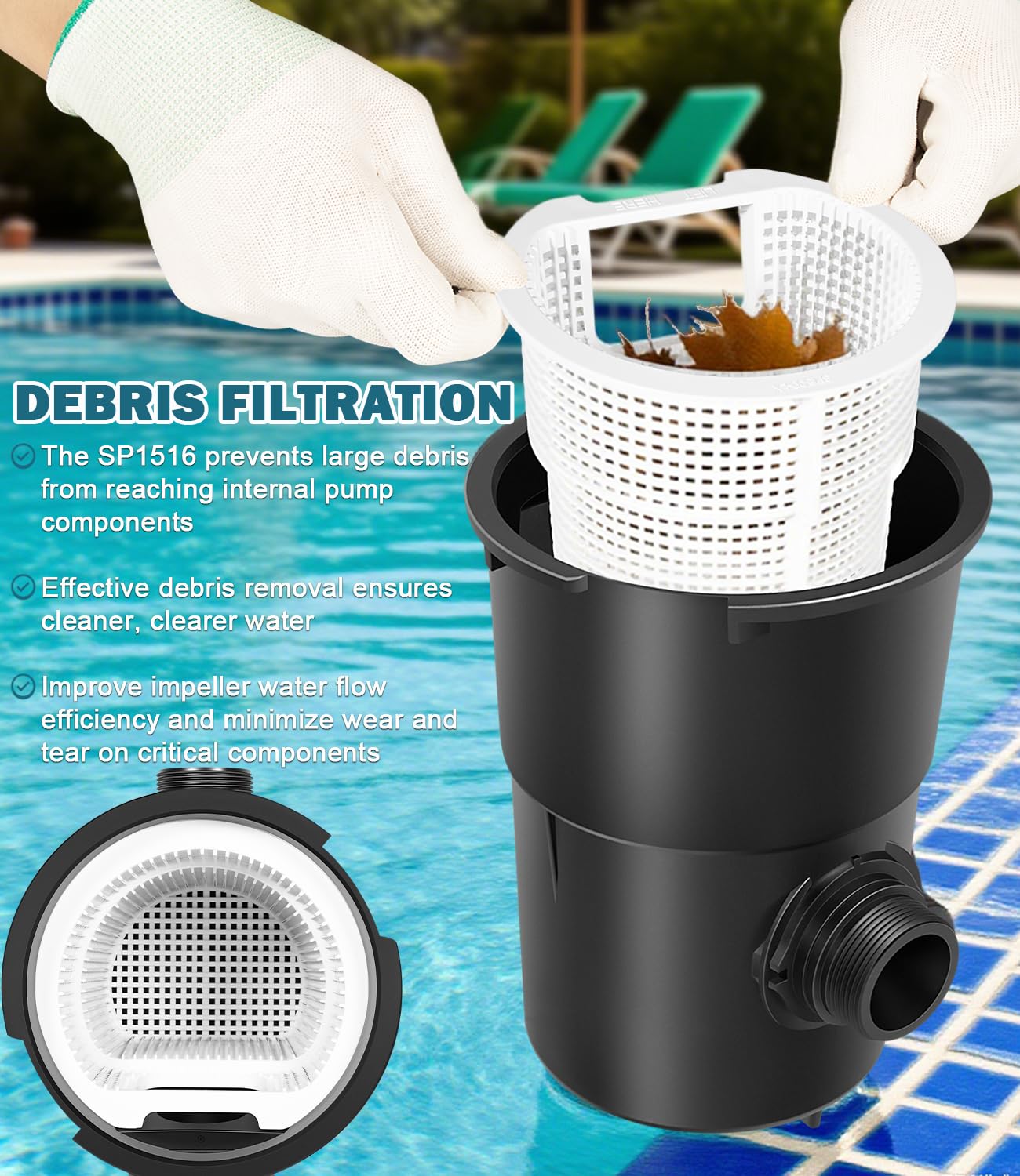 Bonbo SP1516 inlet-outlet piping allows steady flow for consistent pool filtration.