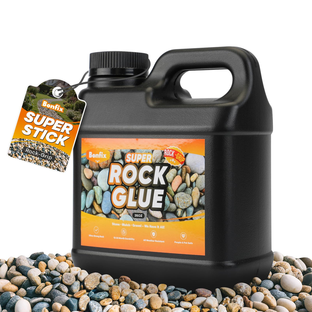 Bonfix Rock Glue bottle pour shows quick outdoor path bonding.