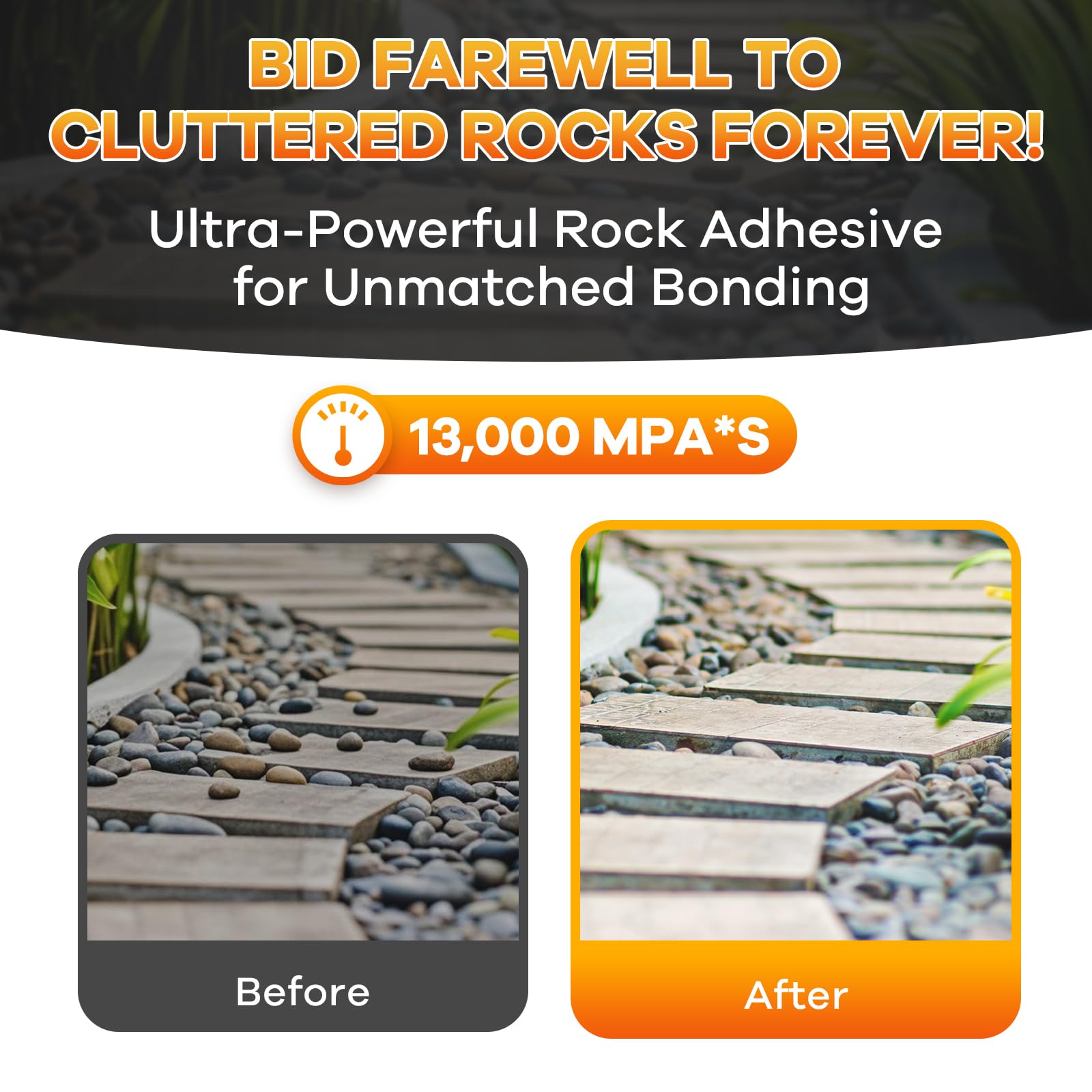 Bonfix Rock Glue on pea gravel path secures decorative stones.