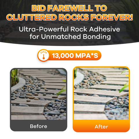 Bonfix Rock Glue on pea gravel path secures decorative stones.