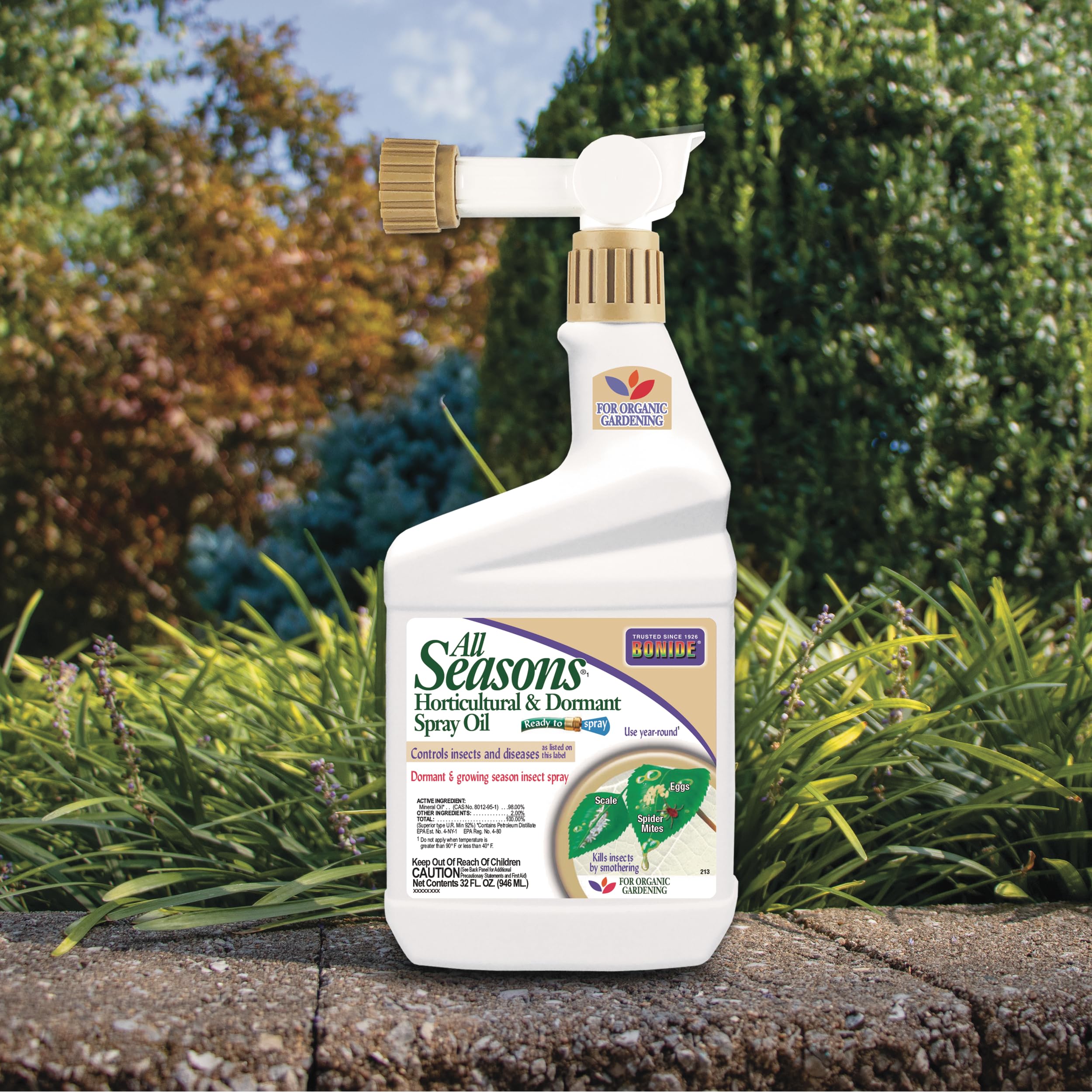 Bonide All Seasons spray application in action provides preventive insect control in outdoor spaces.