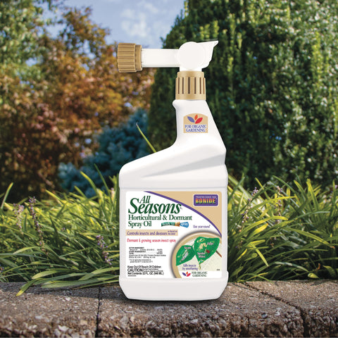 Bonide All Seasons spray application in action provides preventive insect control in outdoor spaces.
