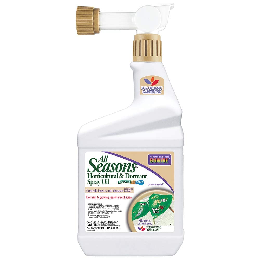Bonide All Seasons Spray Oil bottle demonstrates year-round pest protection for organic gardens.