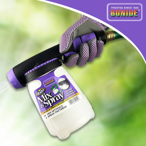 Bonide Auto Mix & Spray four-pattern head delivers flexible application options.