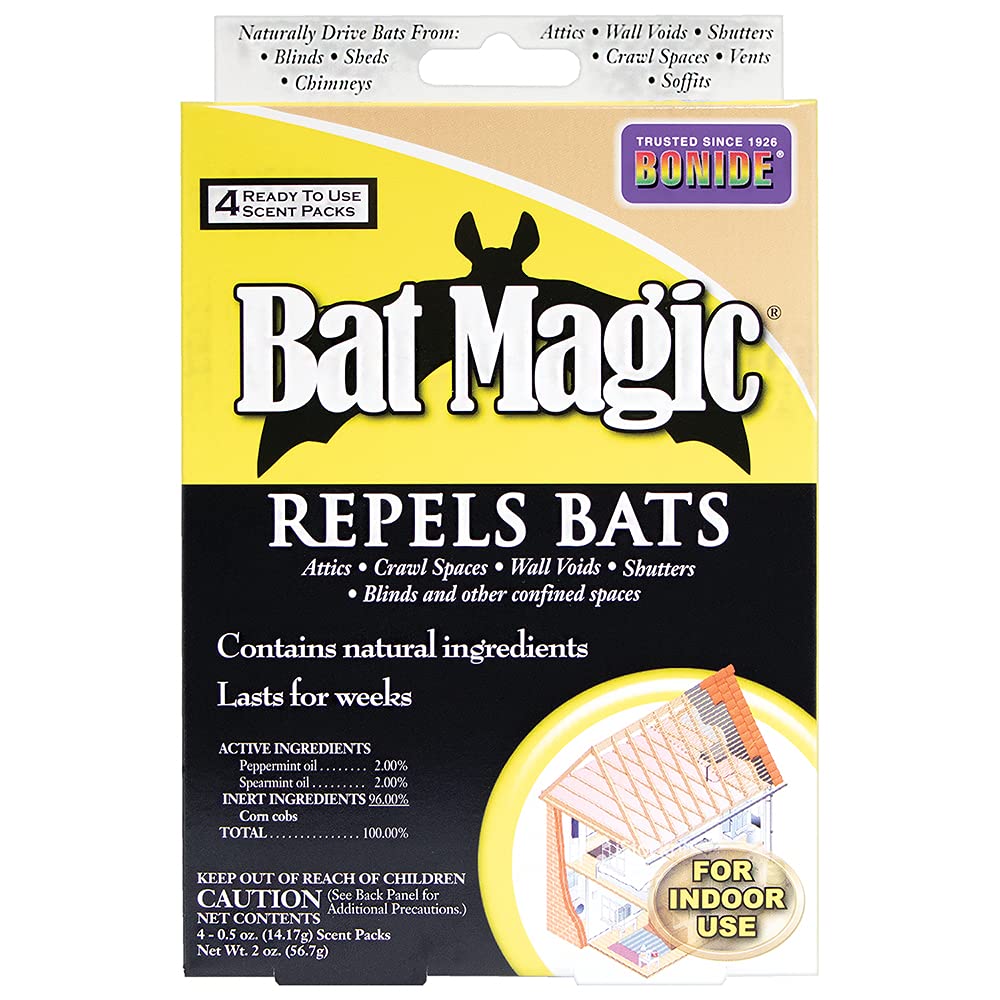 Bonide Bat Magic scent pack in attic deters bats naturally.