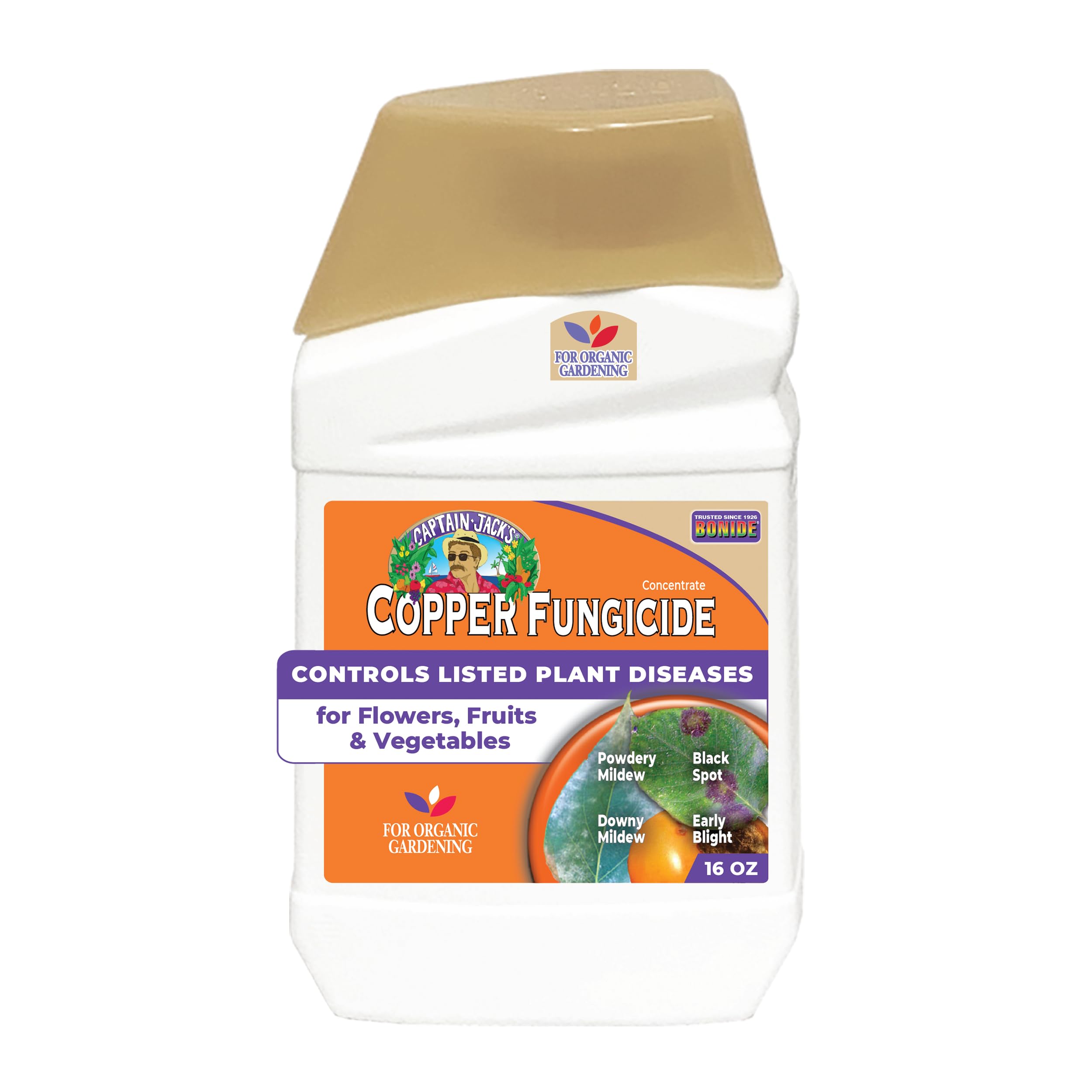 Bonide Captain Jack Copper Fungicide bottle ready to mix for organic garden protection.