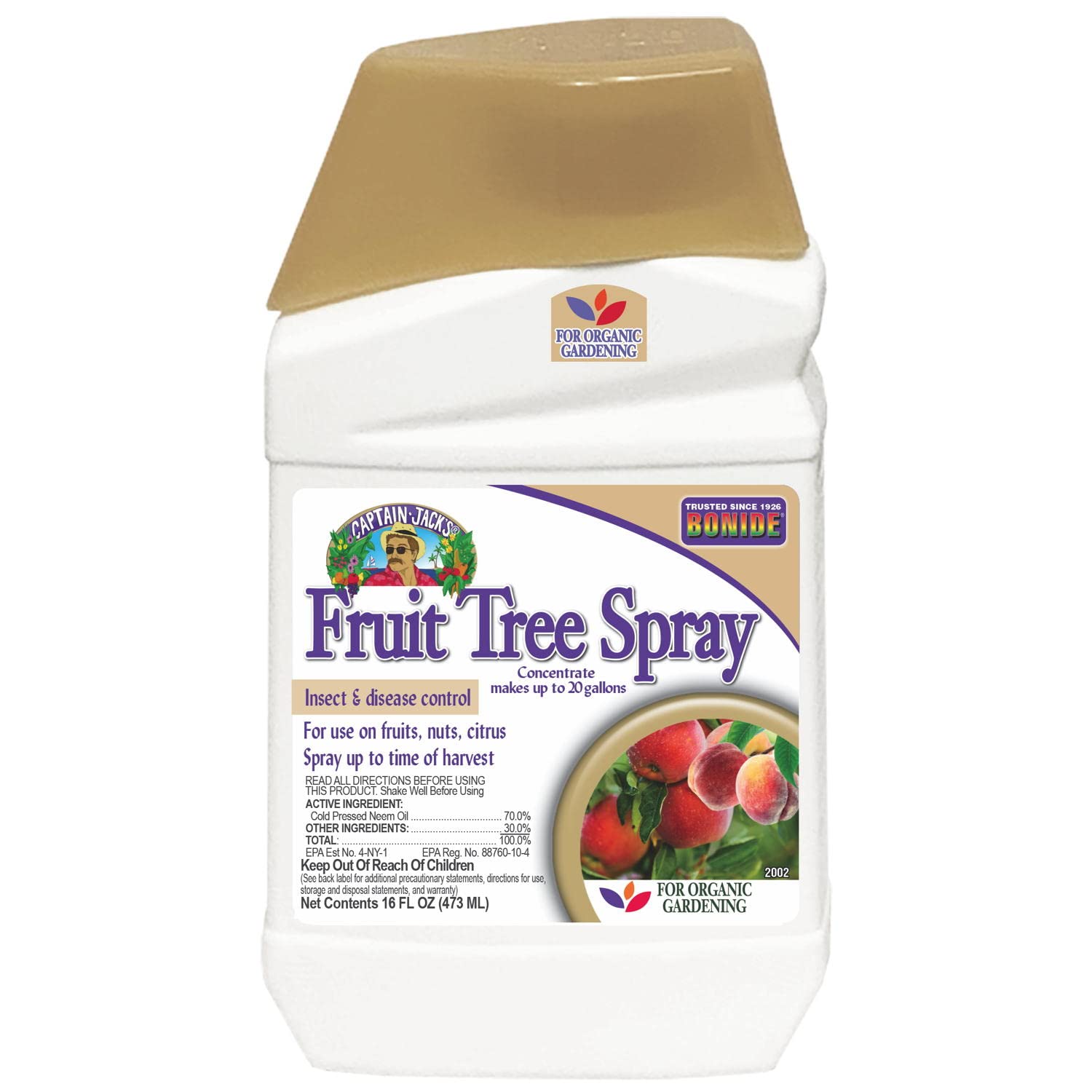 Bonide Captain Jack's Fruit Tree Spray bottle close-up for organic pest protection on fruit trees