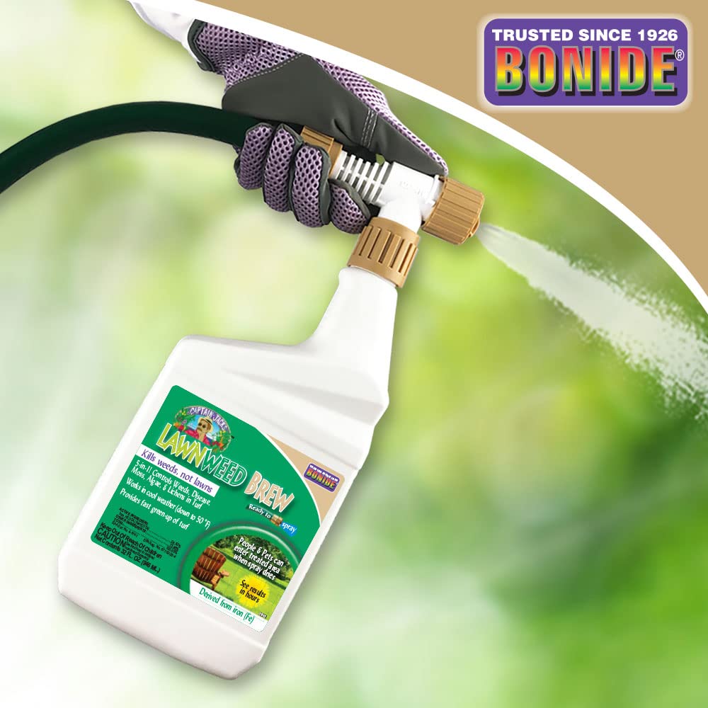 Bonide Captain Jack's Lawnweed Brew on a lawn, iron-based action protecting turf.