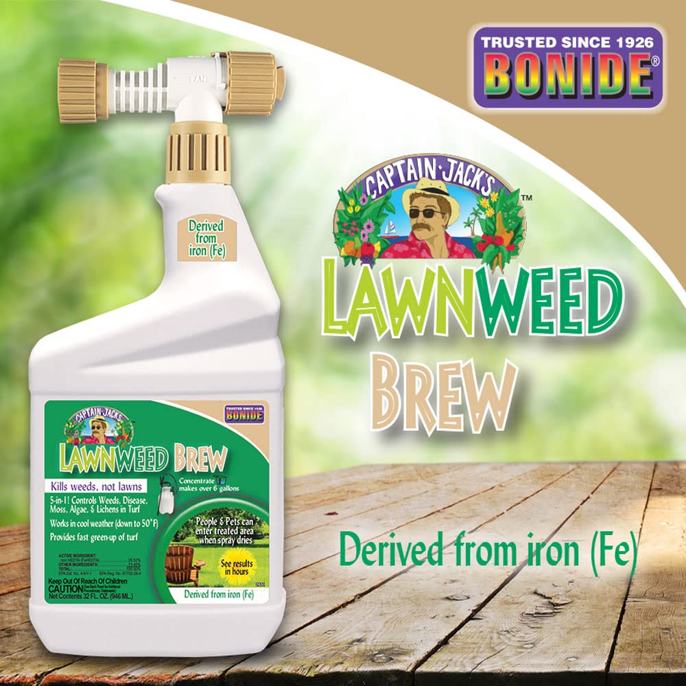 Bonide Captain Jack's Lawnweed Brew bottle beside a lawn illustrating moss and algae control.