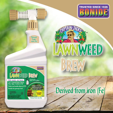 Bonide Captain Jack's Lawnweed Brew bottle beside a lawn illustrating moss and algae control.