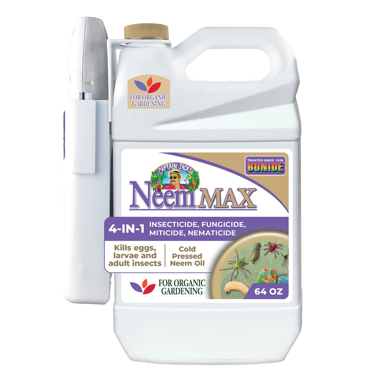 Bonide Captain Jack's Neem Max spray bottle closeup for ready-to-use organic gardening