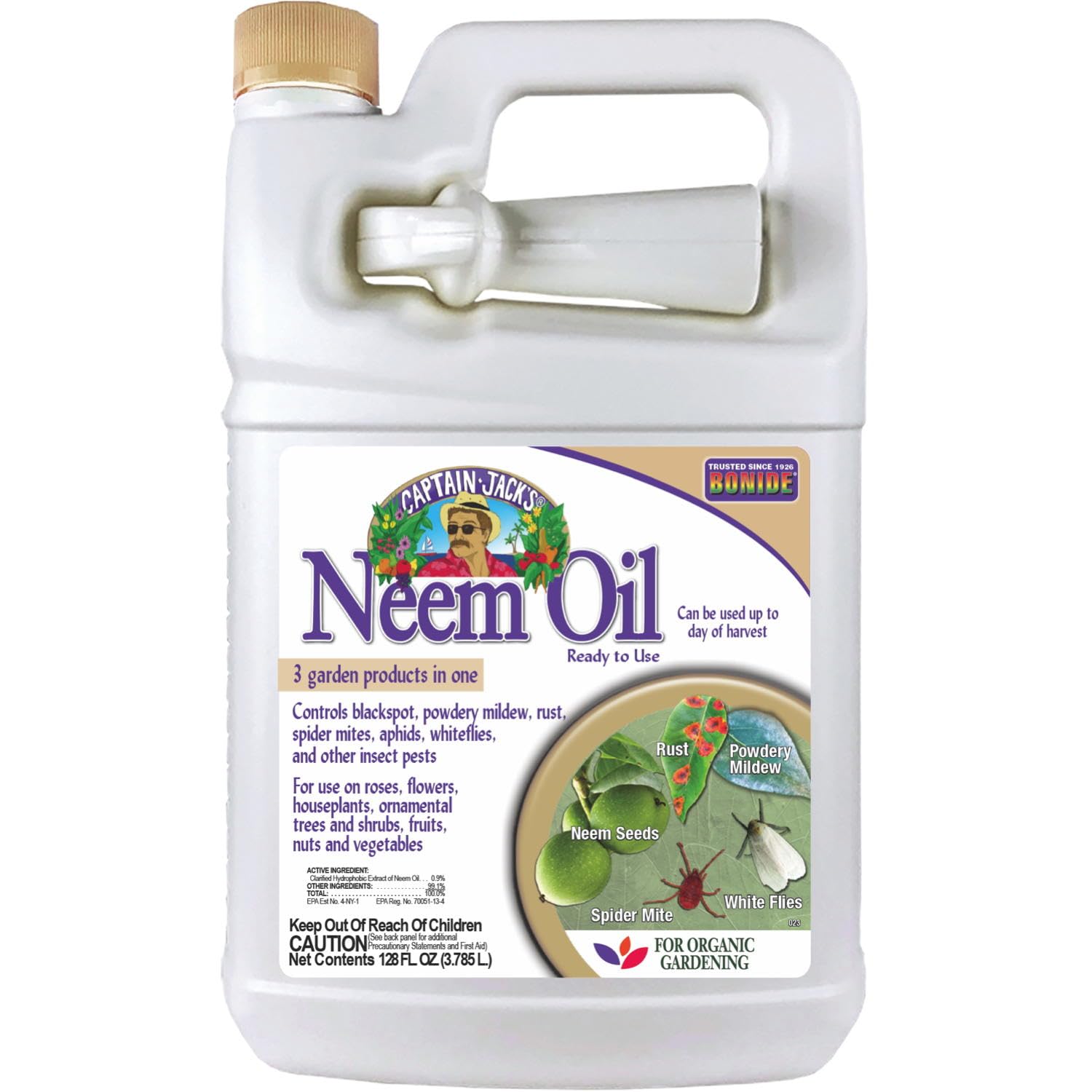 Bonide Captain Jack’s Neem Oil 128oz bottle provides organic pest and disease protection.