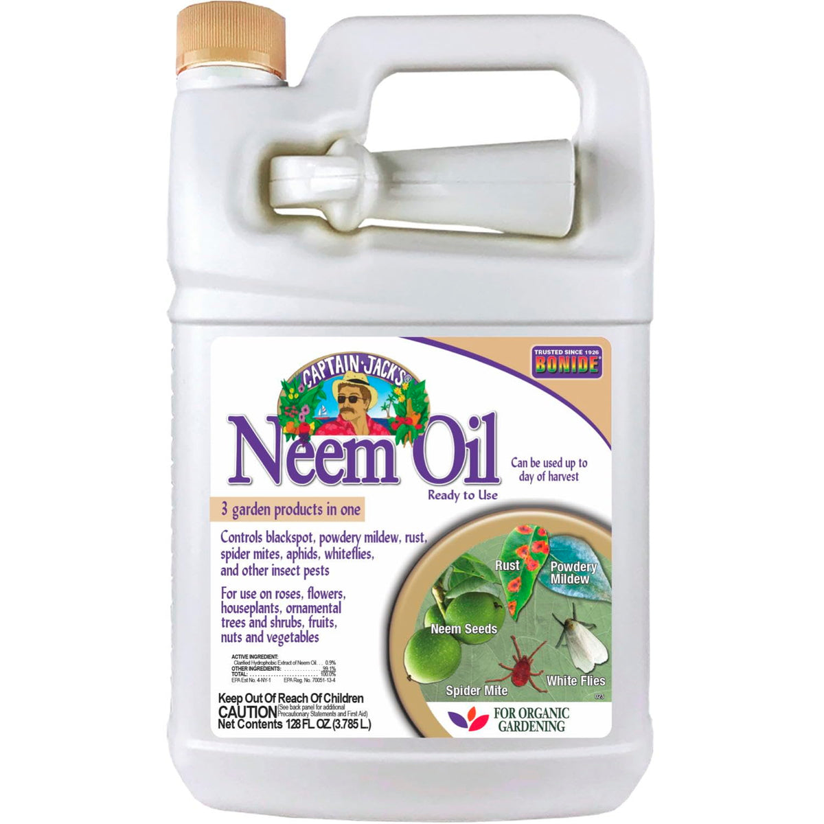 Bonide Captain Jack’s Neem Oil 128oz bottle provides organic pest and disease protection.