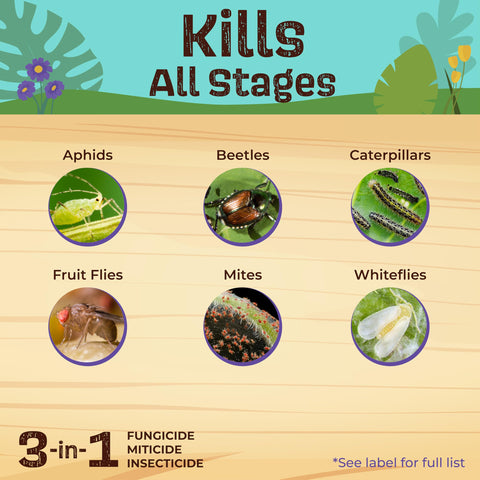 Neem Oil targets pest eggs and larvae for comprehensive control on plants.