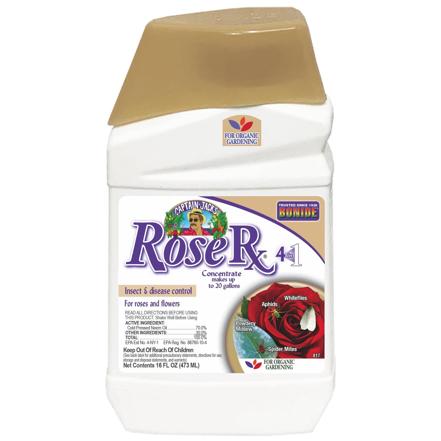 Bonide Captain Jack's Rose Rx bottle shown for garden application and pest protection.