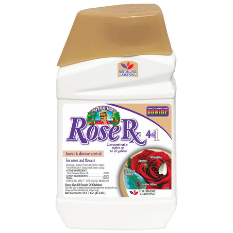 Bonide Captain Jack's Rose Rx bottle shown for garden application and pest protection.