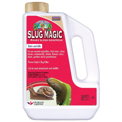 Bonide Captain Jack's Slug Magic granules in tub for garden pest control.