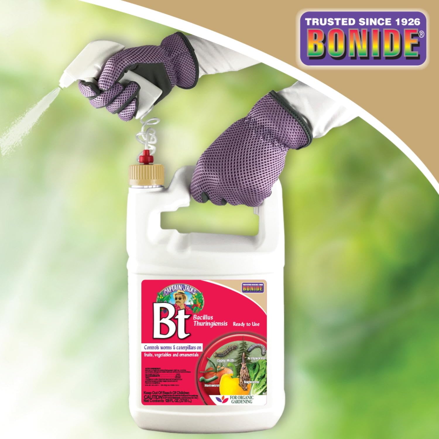 Bonide Captain Jack's Thuricide BT targets caterpillars on leafy greens.