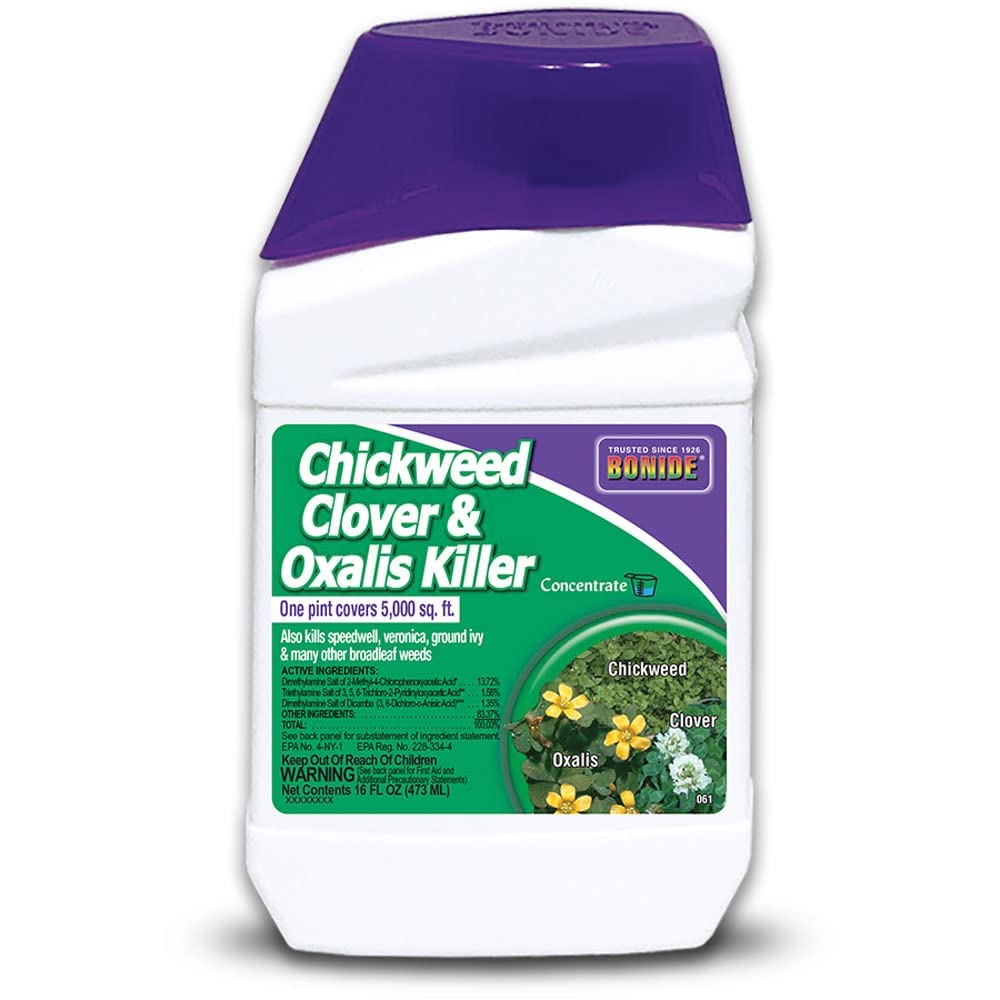 Bonide Chickweed, Clover & Oxalis Killer bottle targets lawn weeds with precise application.