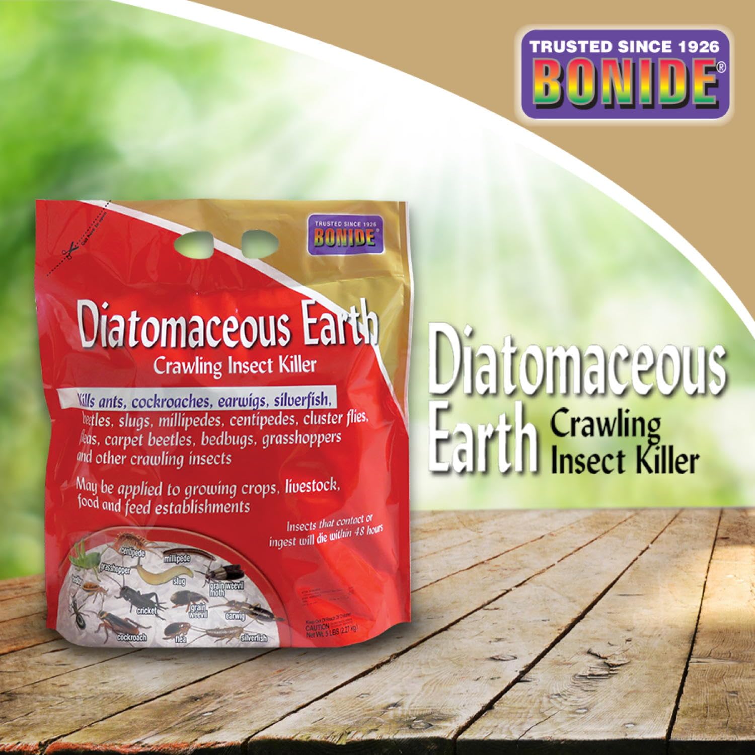 Bonide Diatomaceous Earth shows quick 48-hour action against contact or ingested pests.