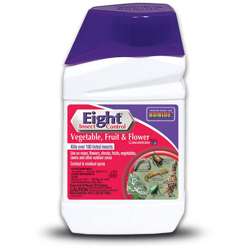 Bonide Eight Insect Control bottle being poured for garden use to protect vegetables.