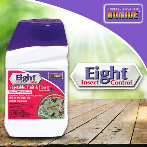 Bonide Eight Insect Control spray on leafy plant for beetle protection.