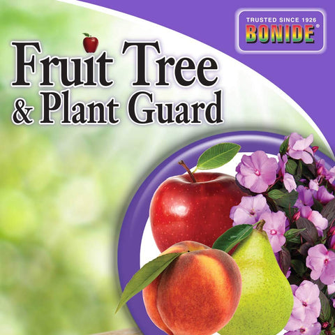 Product label and instructions visible for Bonide Fruit Tree & Plant Guard application.