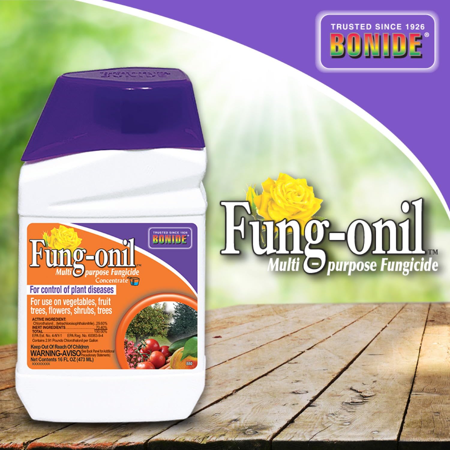Bonide Fung-onil shields ornamental trees and shrubs from mildew.