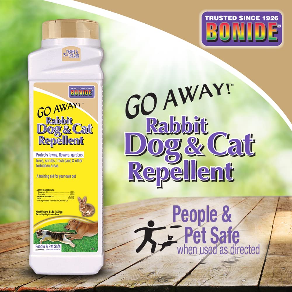 Bonide Go Away! application around flower beds guards perimeters while remaining pet-safe.