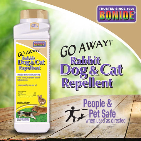 Bonide Go Away! application around flower beds guards perimeters while remaining pet-safe.