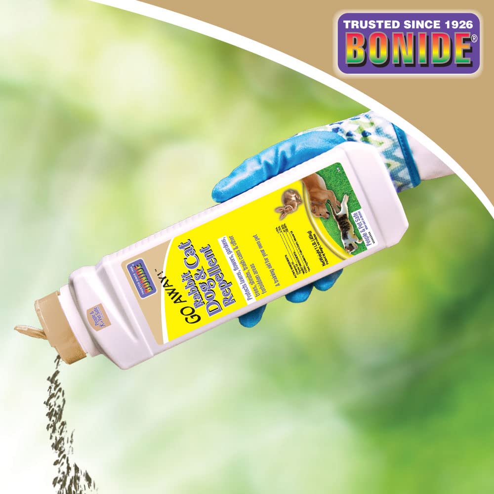 Bonide Go Away! granules near mulch help guard plantings from animals.