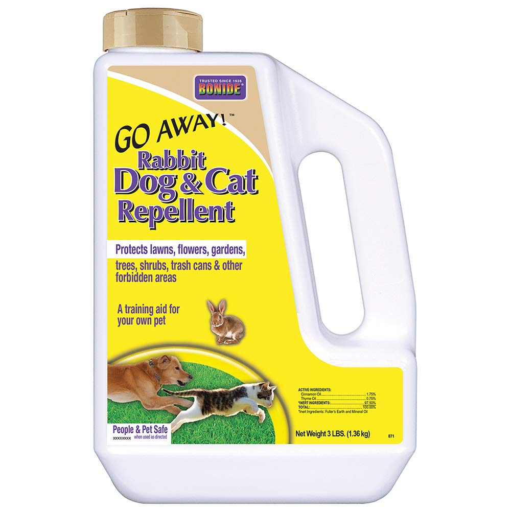 Bonide Go Away! repellent granules in bag protect outdoor spaces from animals.