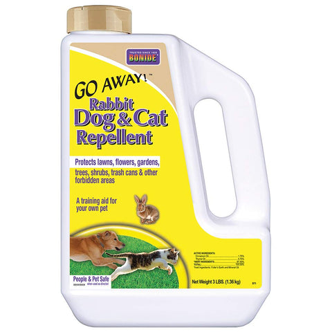 Bonide Go Away! repellent granules in bag protect outdoor spaces from animals.