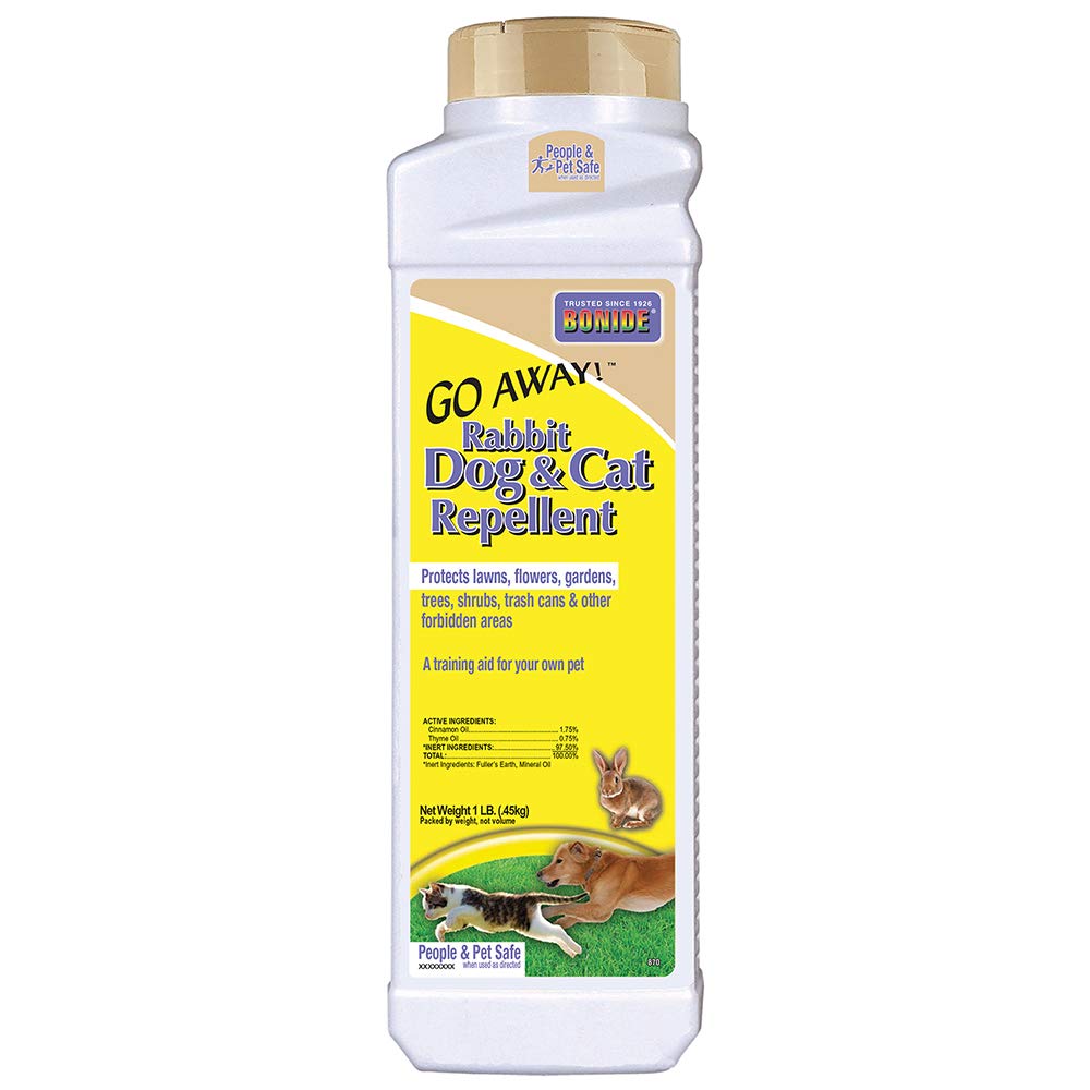 Bonide Go Away! repellent granules packaging deters rabbits and cats safely in outdoor spaces.