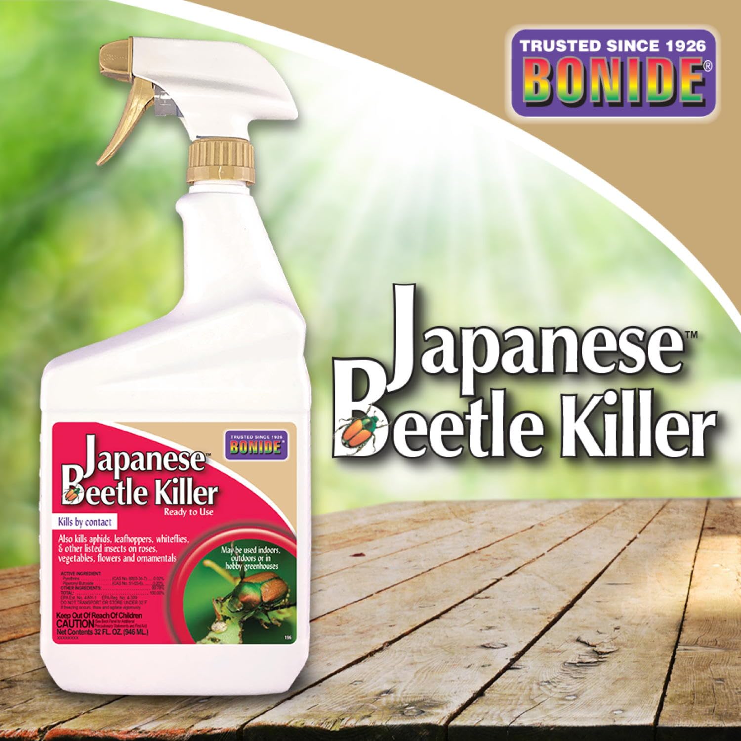 Bonide Japanese Beetle Killer protecting ornamentals, trees, and shrubs in landscapes.