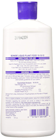 Bonide Liquid Plant Food 10-10-10 label closeup shows balanced NPK advantages