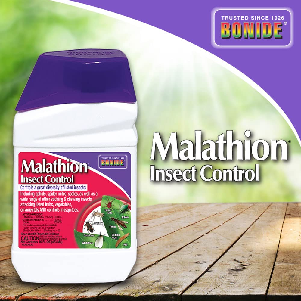 Bonide Malathion Insect Control label close-up showing usage and safety directions