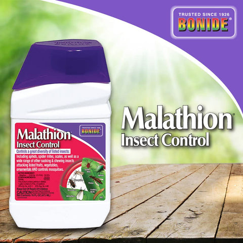 Bonide Malathion Insect Control label close-up showing usage and safety directions