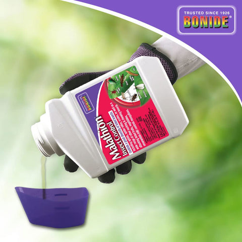 Bonide Malathion Insect Control spray application outdoors in a garden setting