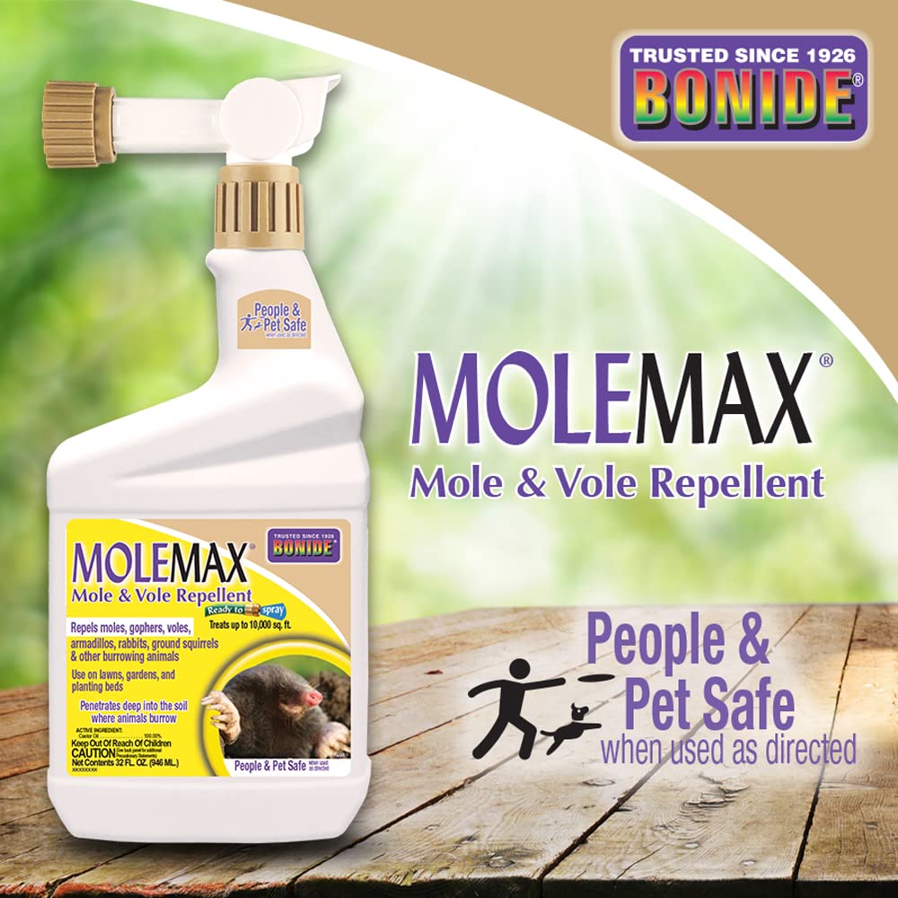 Bonide MOLEMAX castor oil action deters burrowing animals in soil.