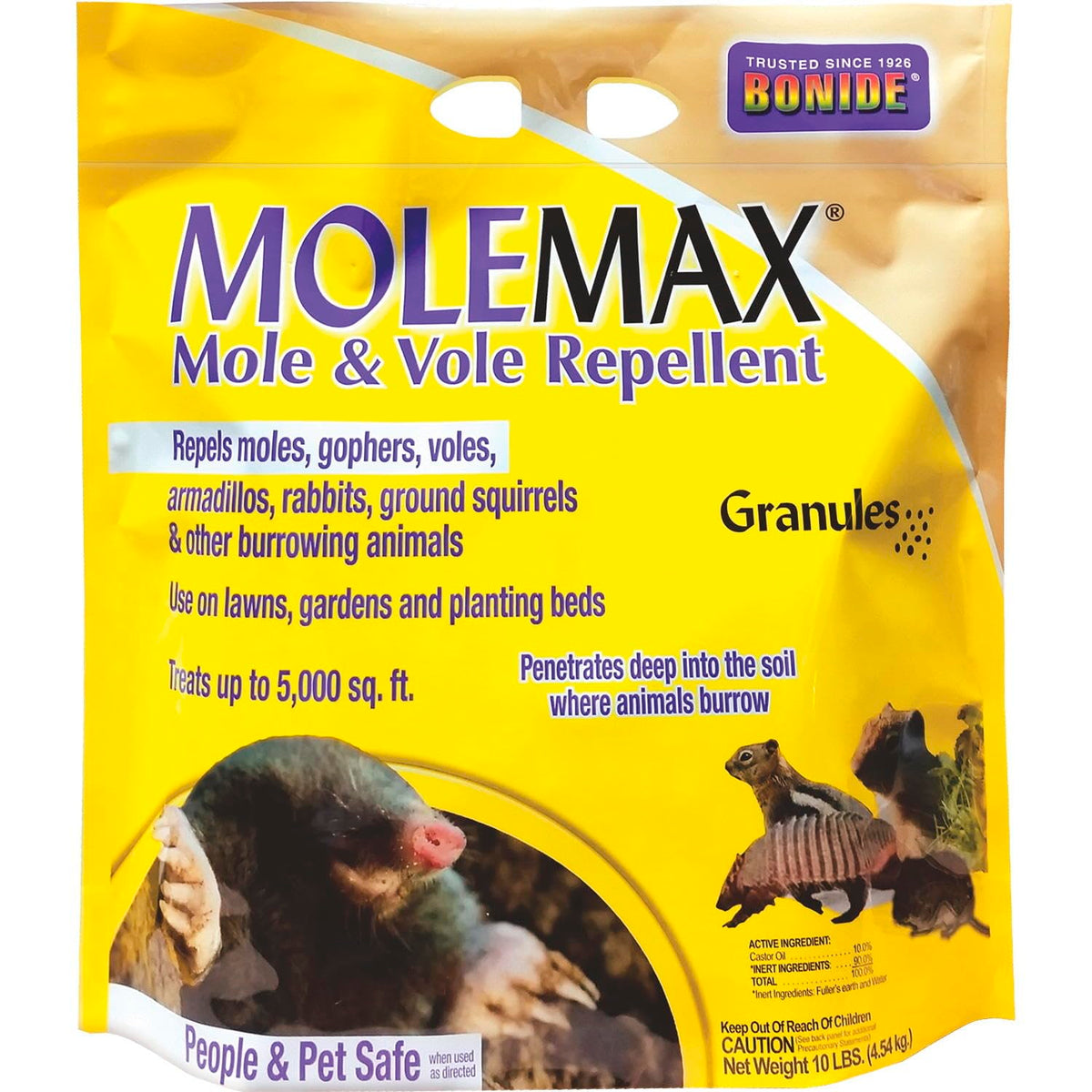 Bonide MOLEMAX granules applied to lawn deters burrowing pests.