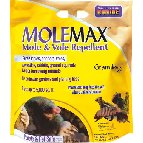 Bonide MOLEMAX granules applied to lawn deters burrowing pests.