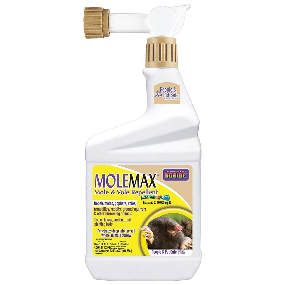 Bonide MOLEMAX ready-to-spray bottle demonstrates simple garden pest protection.