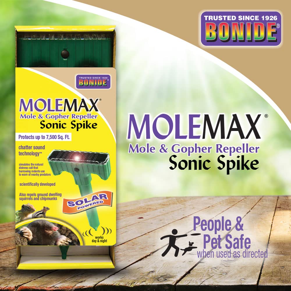 Bonide MoleMax Solar Panel charging in sun powers a chemical-free deterrent.