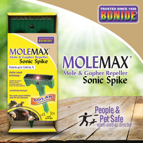Bonide MoleMax Solar Panel charging in sun powers a chemical-free deterrent.